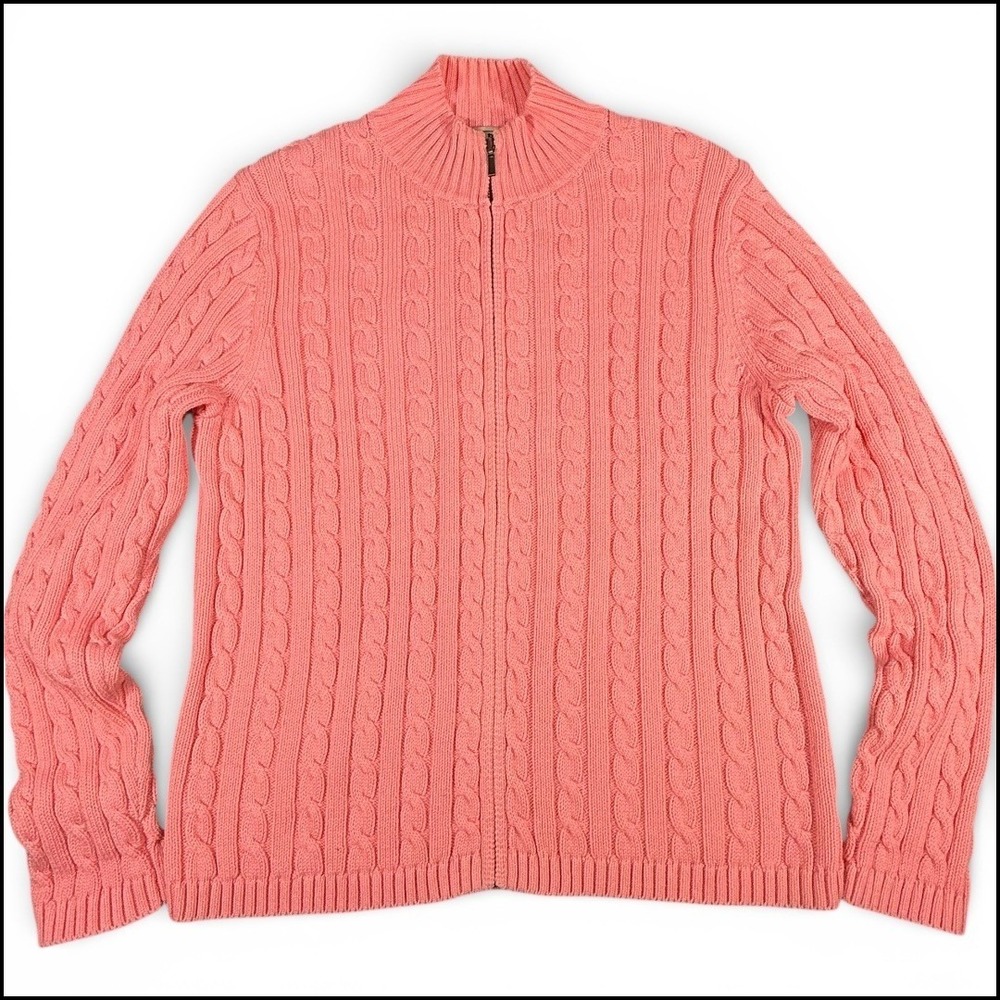 Vintage LL Bean Women M Fisherman Chunky Cable Knit Full Zip Sweater Salmon Pink